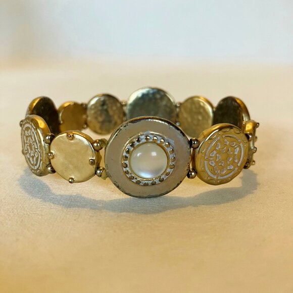 Chico's Set Necklace Bracelet Coin Pendant Gold Tone Metal Mother Of Pearl Stone - Picture 11 of 15